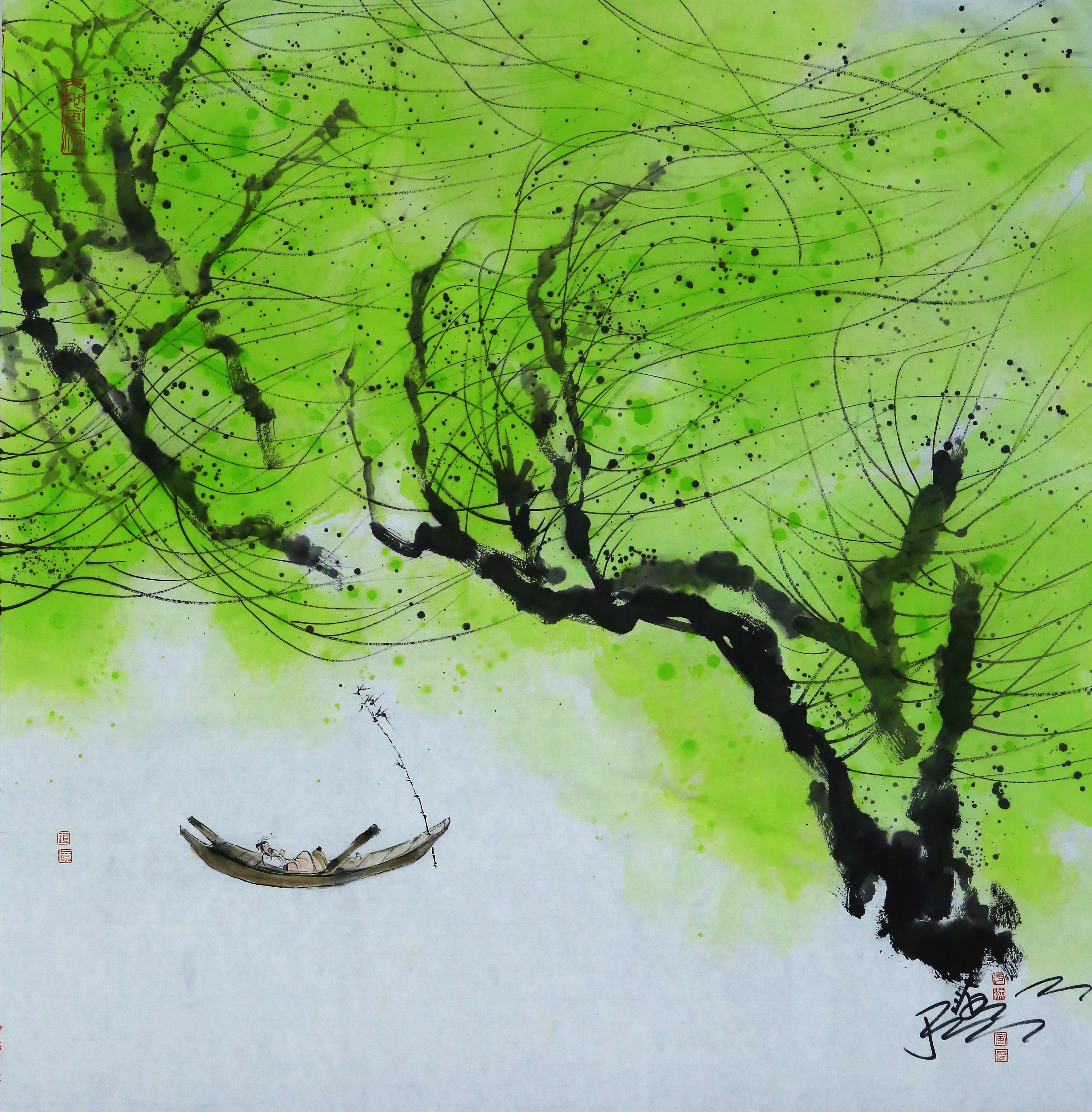 《春风自在高士》71X73cm--水墨厚彩境画.jpg